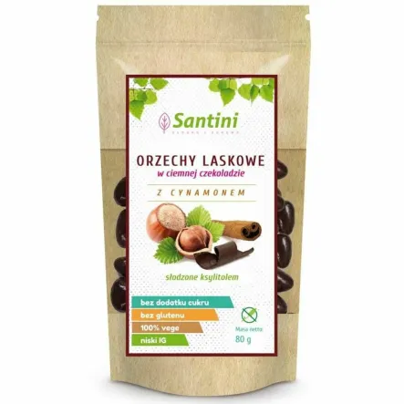 Orzechy Laskowe w Ciemnej Czekoladzie z Cynamonem Bez Dodatku Cukru 80 g - Santini