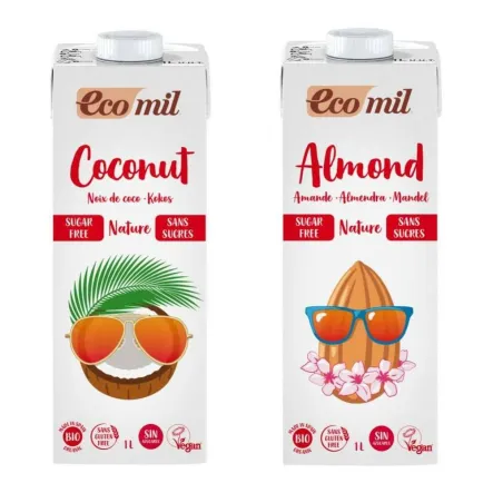 Zestaw Napój Migdałowy Bezglutenowy Niesłodzony Bio 1 l  UHT Ecomil + Napój Kokosowy Bezglutenowy Niesłodzony Bio 1 l Ecomil