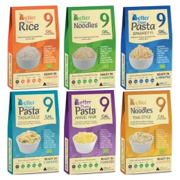 Makaron Konjac w Kształcie Ryżu Bio 385 g (300 g) + Makaron Konjac Noodle B/G Bio 385g + Makaron Konjac Spaghetti B/G Bio 385g + Makaron Konjac Tagliatelle B/G Bio 385g + Makaron Konjac Angel Hair Bio 385g + Makaron Konjac Noodle Thai Style B/G Bio 385g