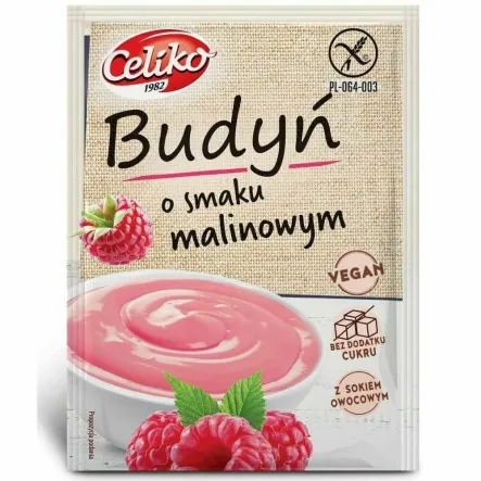 Budyń o Smaku Malinowym Bezglutenowy  Bez Dodatku Cukru 40 g - Celiko