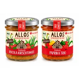 Pasta Warzywna z Pomidorami Cherry i Rukolą Bezglutenowa Bio 135 g + Pasta Warzywna z Trzema Rodzajami Papryki Bio Bezglutenowa 135 g - Allos