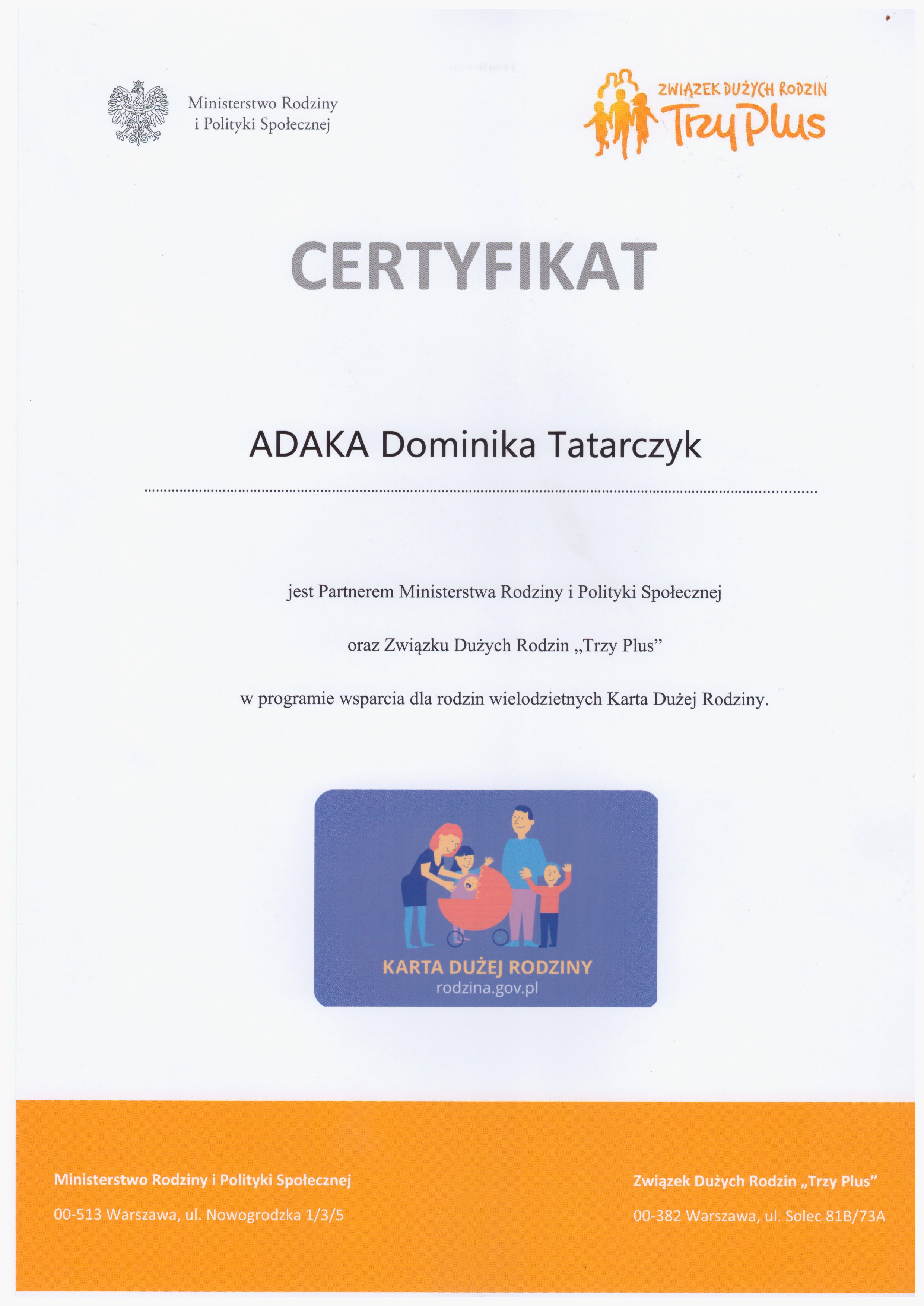 certyfikat KDR karta dużej rodziny dla ADAKA certyfikat KDR karta dużej rodziny dla ADAKI
